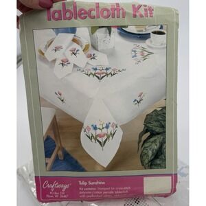 Vintage Craftways Tulip Sunshine Cross Stitch Tablecloth Kit Floral 60x90in Open